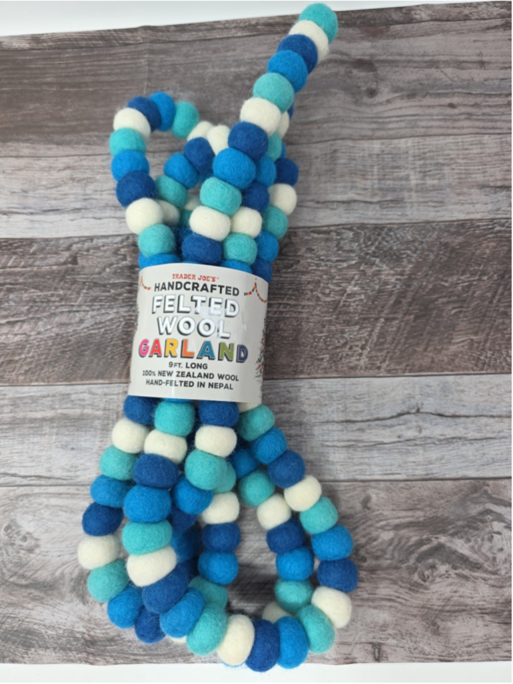 Felted 100% Wool Garland Trader Joes 9 FT Blue White